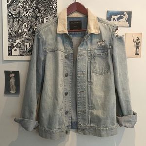 All Saints Rideway Denim Jacket Corduroy Collar Light Wash Distressed Size Small